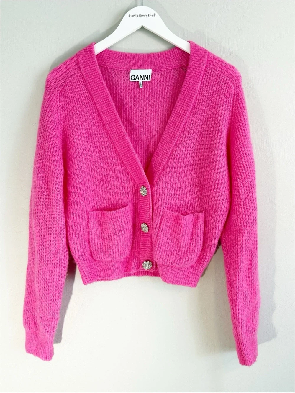 GANNI Women’s Bright Pink V-Neck Crystal Button Pocket Alpaca Blend Cardigan S